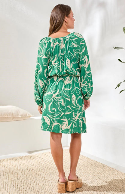 DRESS PRINTED V-NECK BALLOON LONG SLEEVE FITTED AT WAIST