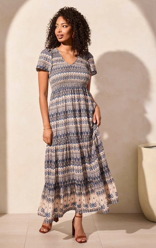 RUCHED-TOP SHORT SLEEVE MAXI DRESS