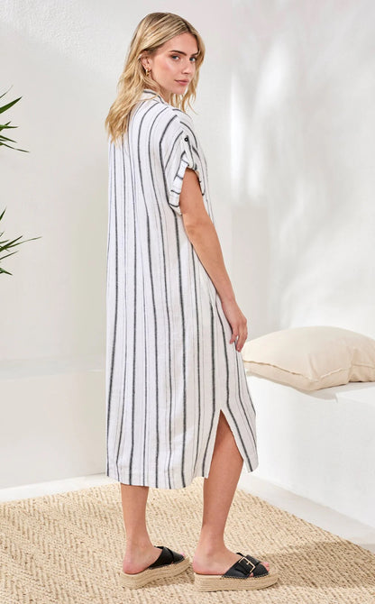 DRESS SOFT LINEN BUTTON‑FRONT MIDI