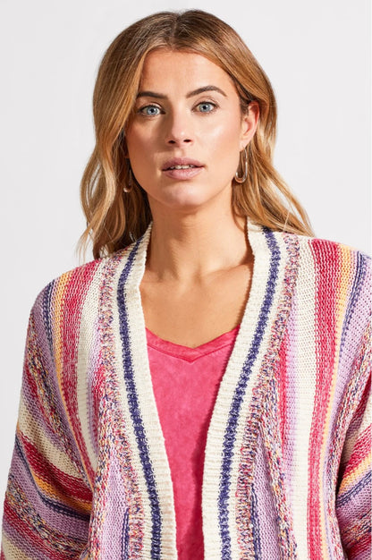 FRINGED HEM CARDIGAN WITH THREE-QUARTER SLEEVES