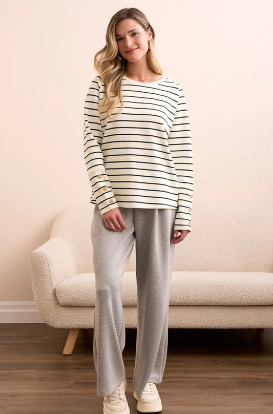 STRIPE SCUBA KNIT BUTTON-SLEEVE CREW NECK TOP