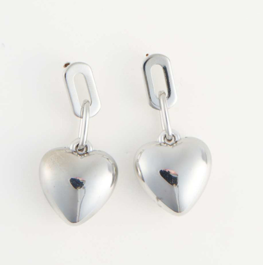 Earrings Drop Link Heart Silver or Gold