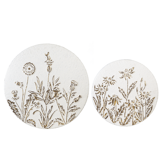 White & Gold Round Embossed Wild Flower Wall Decor
