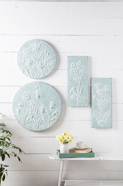 Mint & White Round Embossed Wild Flower Wall Decor
